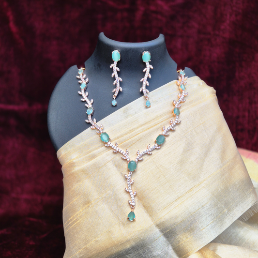 Y-shaped Rose Gold-Plated AD Necklace with mint-colored stones