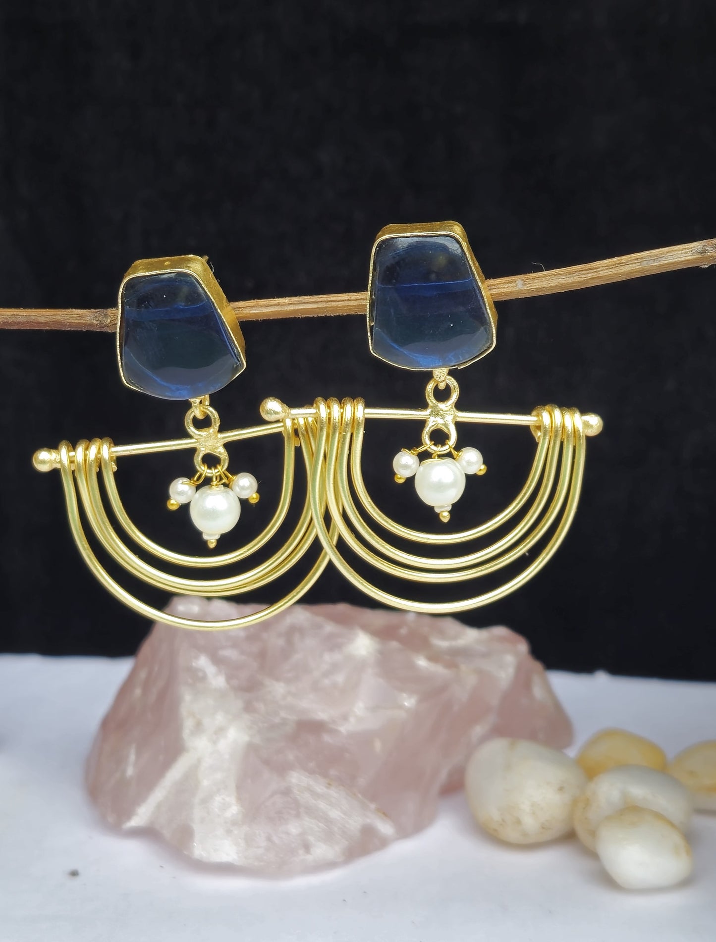 Blue Stone Semi Circle Matt Gold Earrings