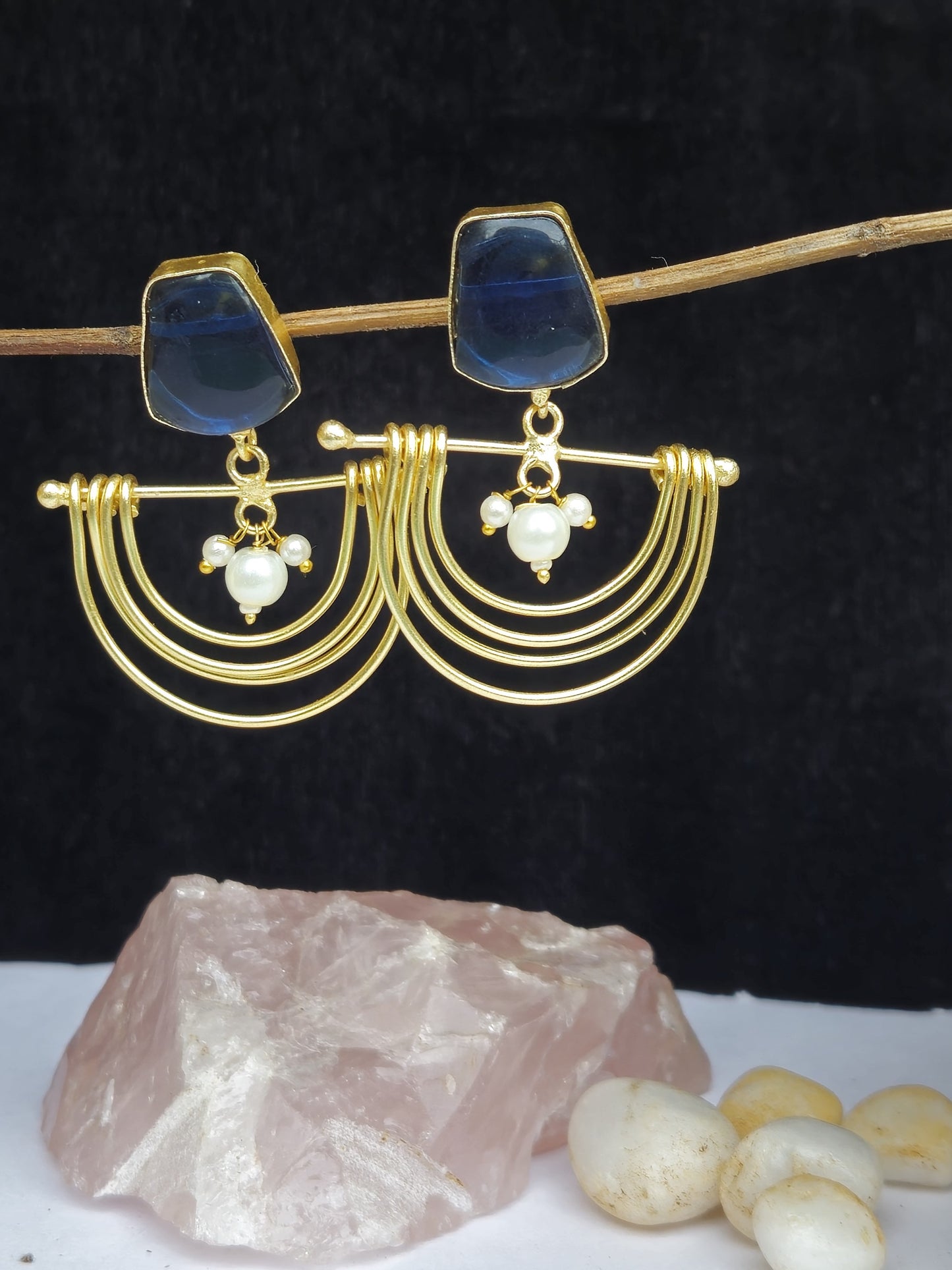 Blue Stone Semi Circle Matt Gold Earrings