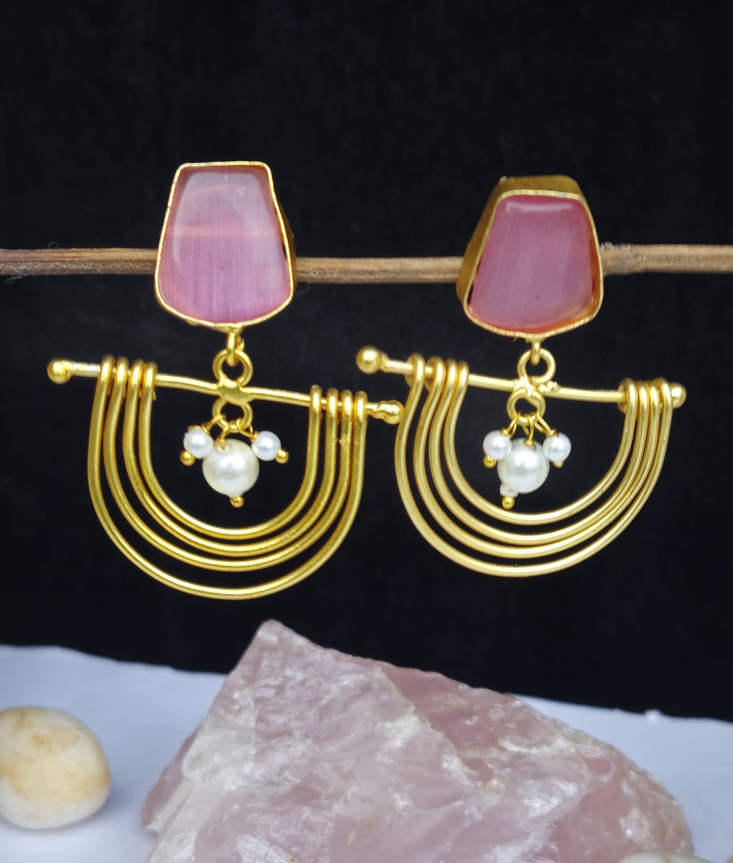 Pink Stone Semi Circle Matt Gold Earrings