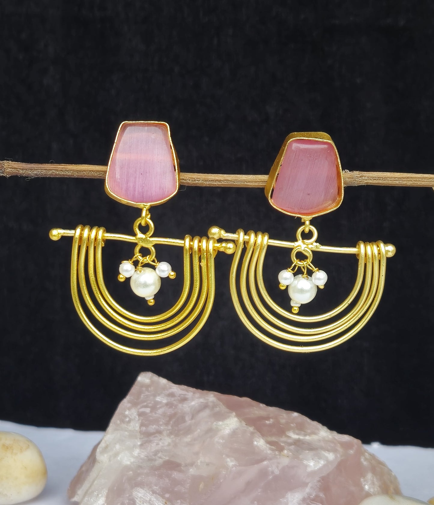 Pink Stone Semi Circle Matt Gold Earrings