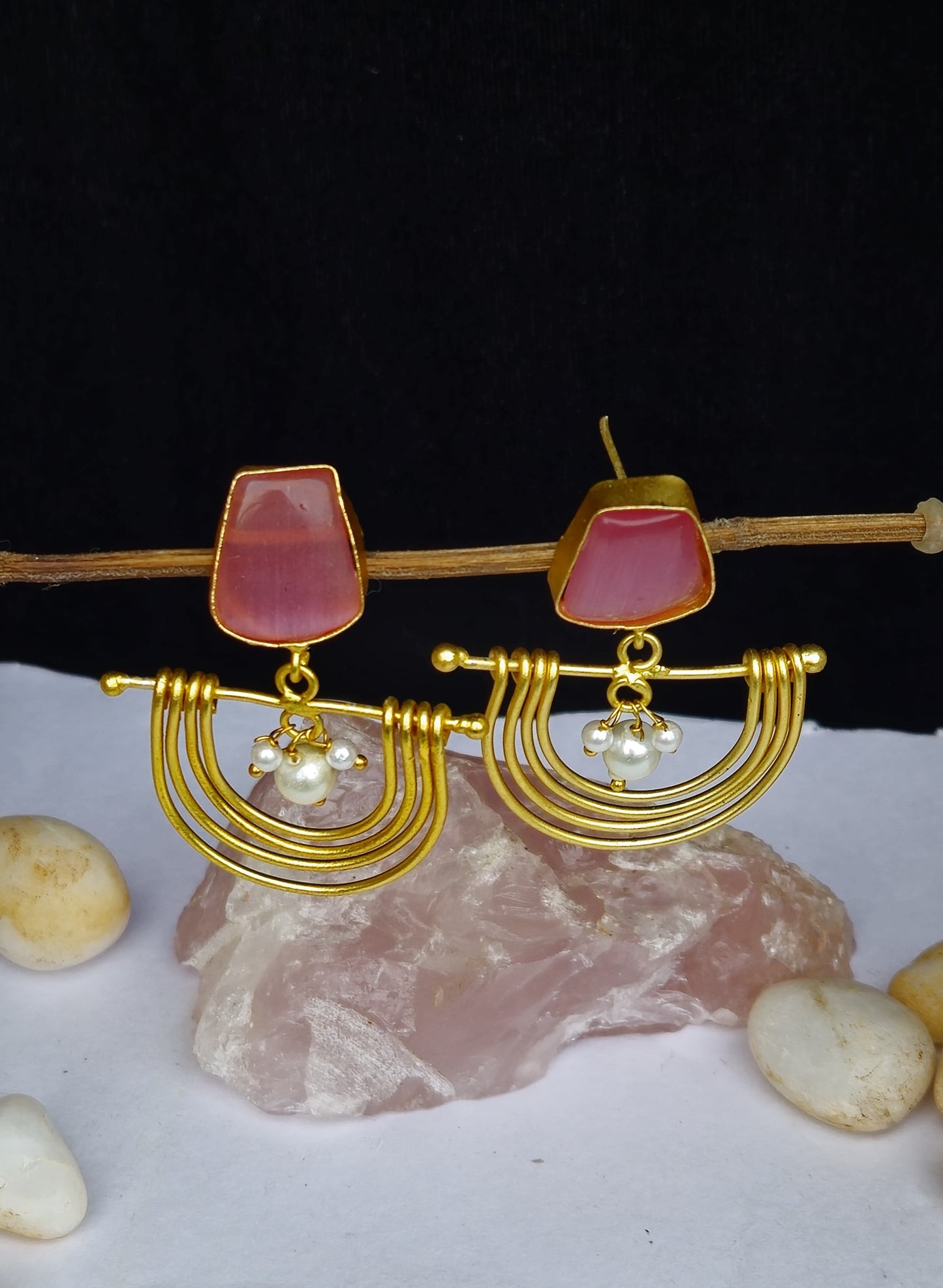 Pink Stone Semi Circle Matt Gold Earrings