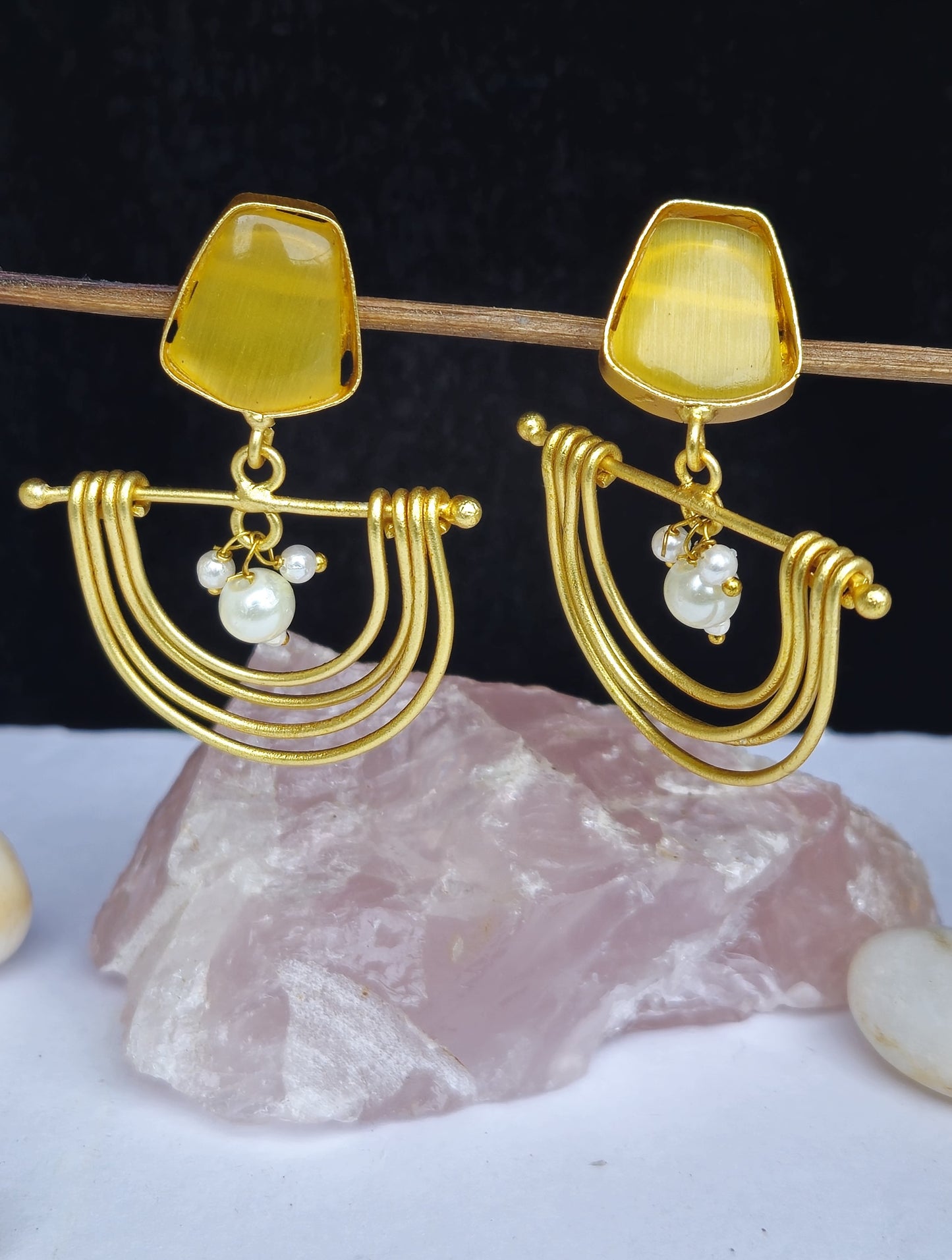 Yellow Stone Semi Circle Matt Gold Earrings