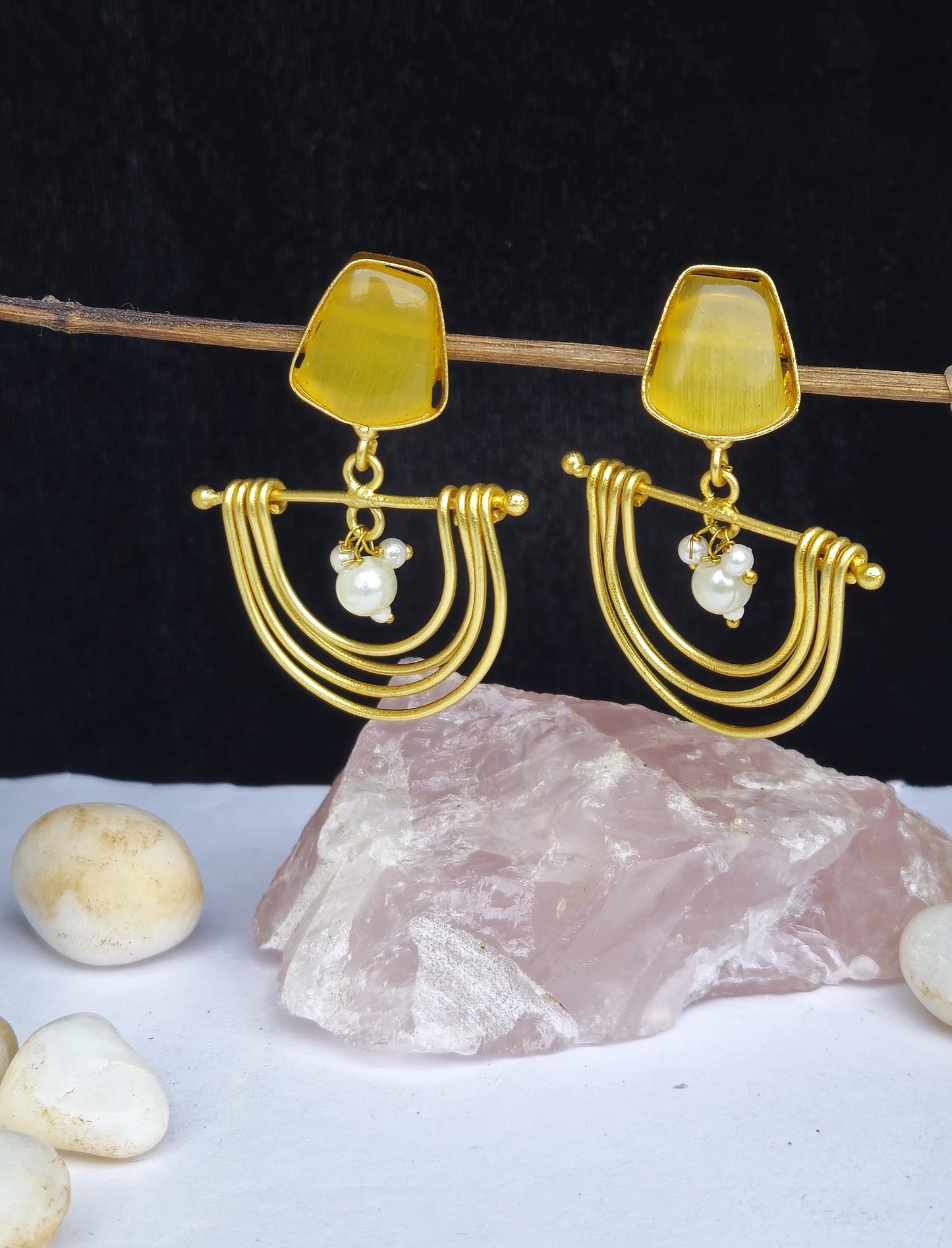 Yellow Stone Semi Circle Matt Gold Earrings