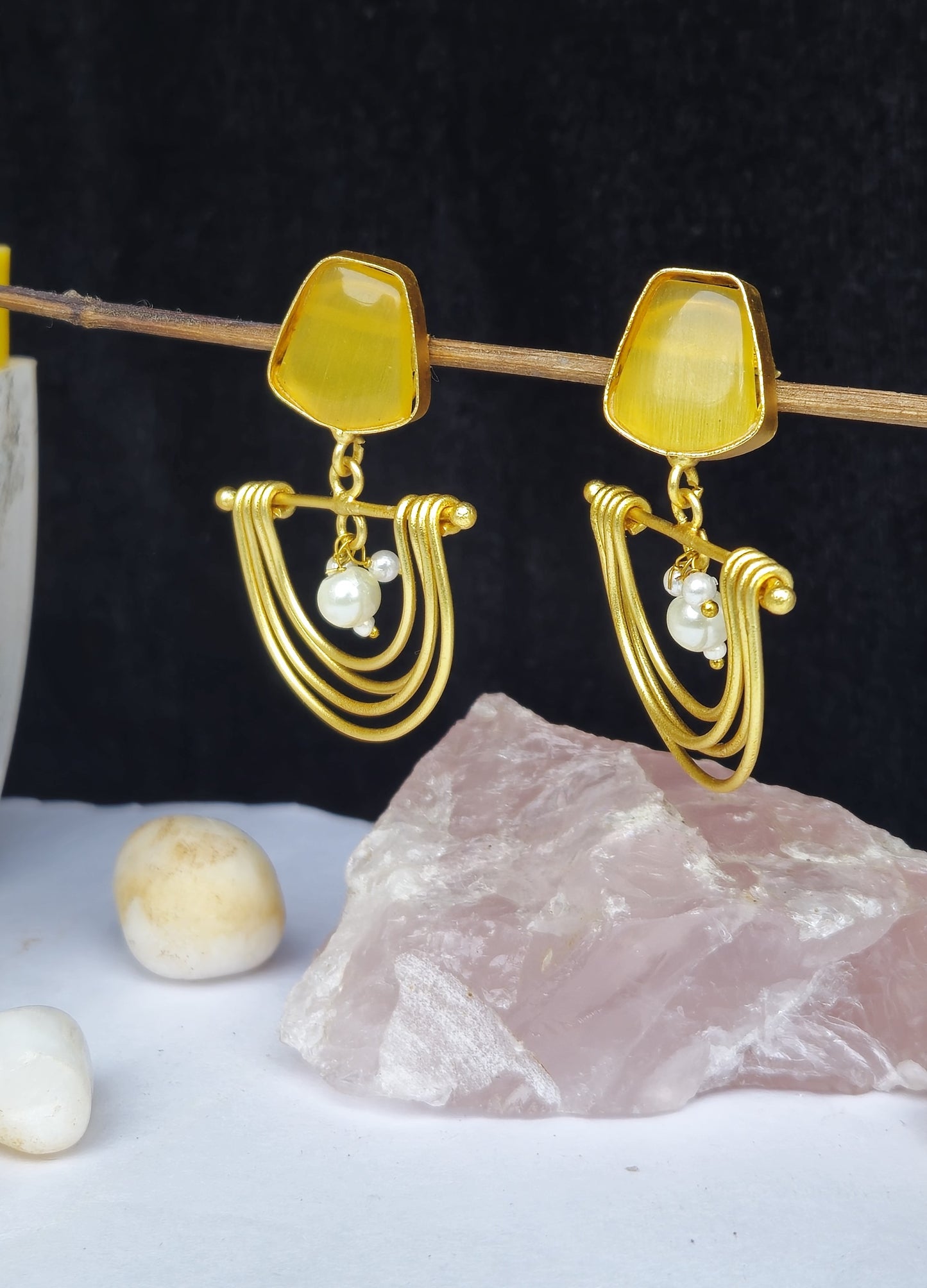 Yellow Stone Semi Circle Matt Gold Earrings