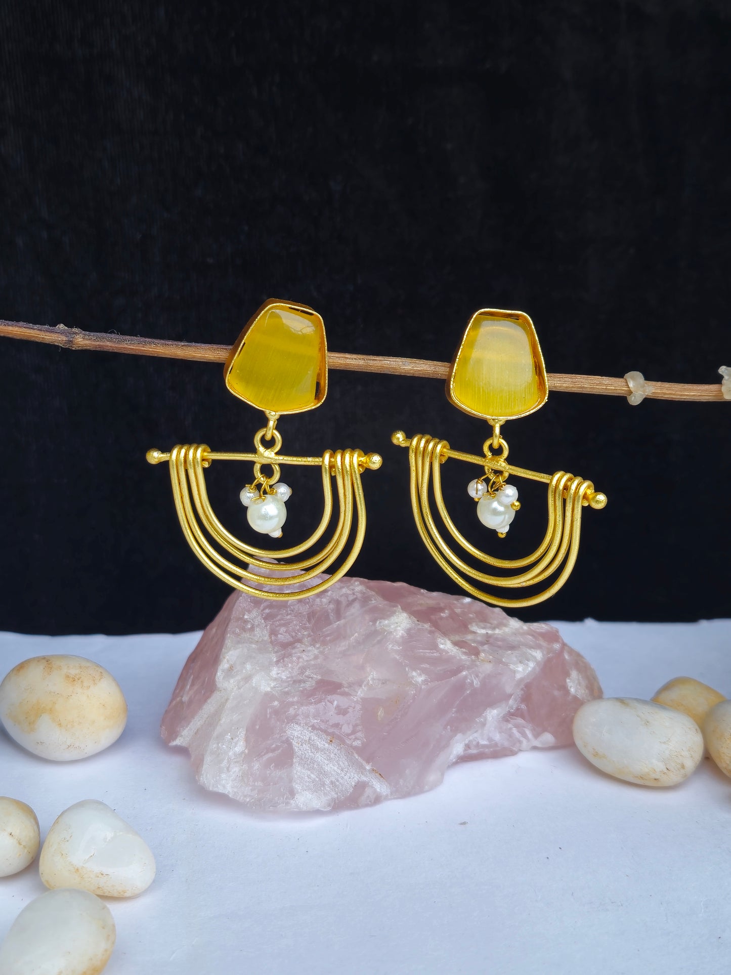 Yellow Stone Semi Circle Matt Gold Earrings