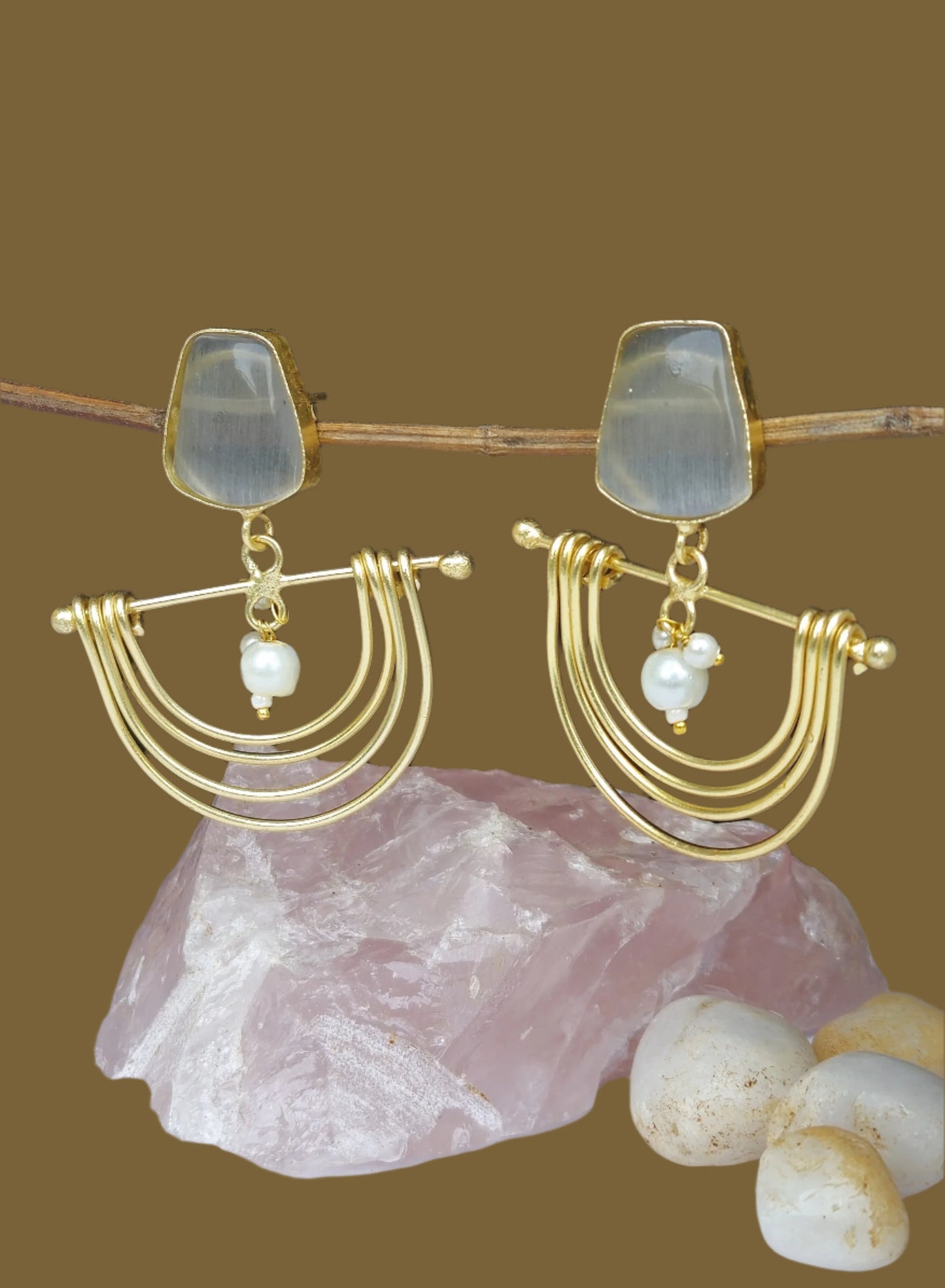 Grey Stone Semi Circle Matt Gold Earrings